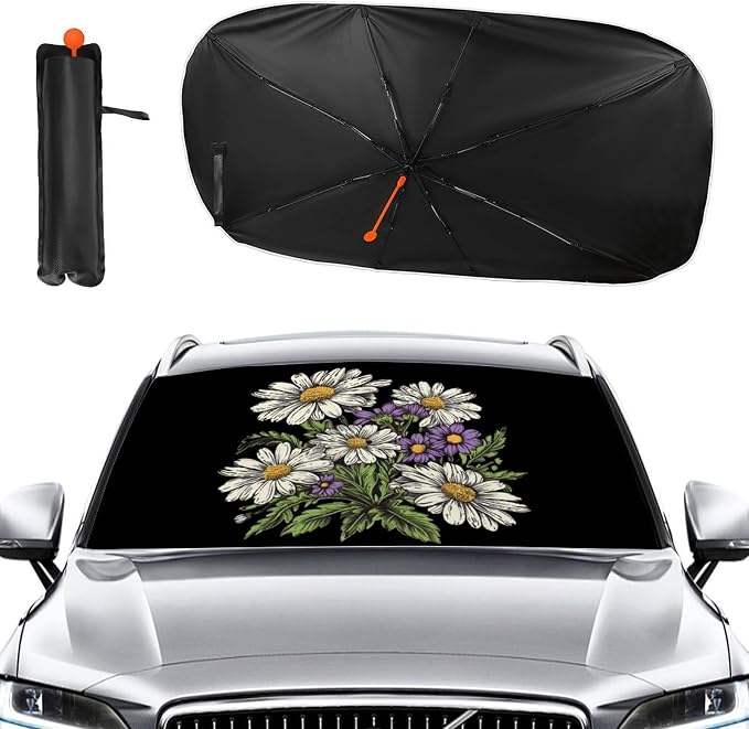 Purple Flowers Green Leaves Daisy Car Windshield Sun Shade Foldable Umbrella Auto Sunshade for Car Truck SUV-Blocks Sun Visor Protector-Keeps Your Vehicle Cool - Image 2