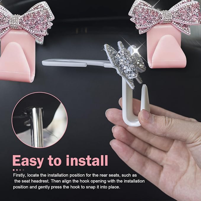 2 PCS Bling Bow Purse Hook for Car, Cute Seat Headrest Hooks, Automotive Interior Decoration Accessories, Universal for Most Cars, Trucks, SUVs (Pink) - Image 6