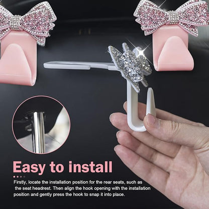 2 PCS Bling Bow Purse Hook for Car, Cute Seat Headrest Hooks, Automotive Interior Decoration Accessories, Universal for Most Cars, Trucks, SUVs (Pink) - Image 6