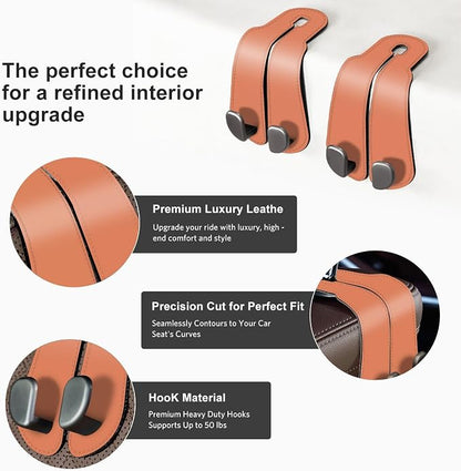 CoBak Purse Hook for Car - Universal Premium Stitched Leather and Aluminum-Magnesium Alloy Double Car Seat Back Storage Hook for Purses, Handbags, Bags (2 Pack),Coral Orange - Image 2