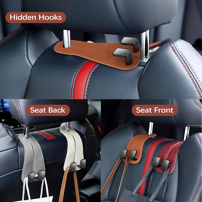 2025 Automotive Seat Back Hooks,Leather Car Seat Hooks,Dual Headrest Organizer Hangers for Purses, Bags & Phones, 2 in 1 Car Headrest Hidden Hook for Tidy Organization,Pack of 2(Ivory White) - Image 3