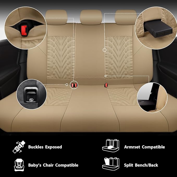 CAR PASS Neoprene Waterproof Seat Covers Full Sets, Wetsuit Car Seat Covers 5 Seats Universal Fit for Vans, Truck, SUV, 3D Tyre Embossed Seat Covers Anti Slip with Armrests, Aibag Compatible All Beige - Image 4