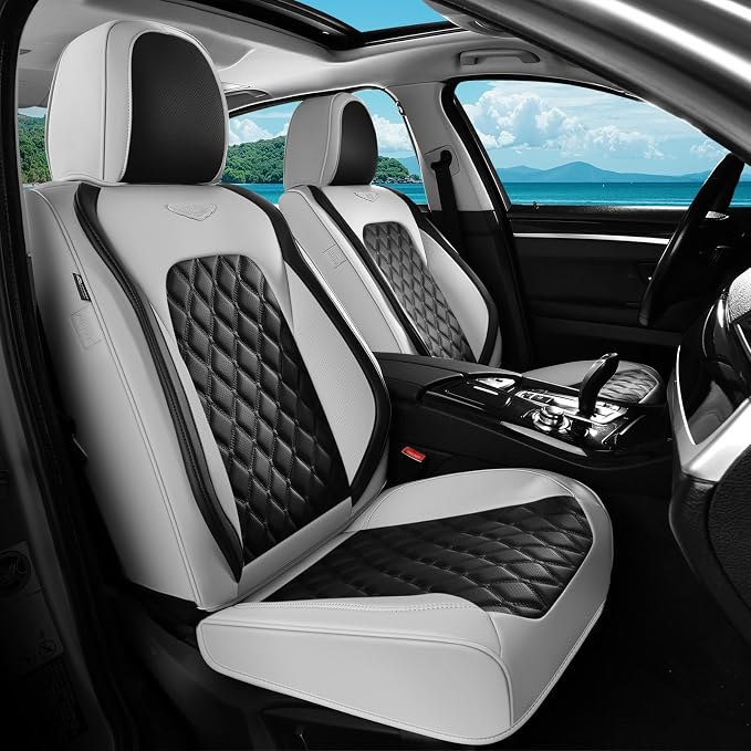 Coverado Car Seat Covers Front Seats, Luxury Stain-Resistant Waterproof Faux Leather Full Set with Rear Protectors, Elegant Easy-Clean Automotive Interior – WhiteBlack by COVERADOAUTO