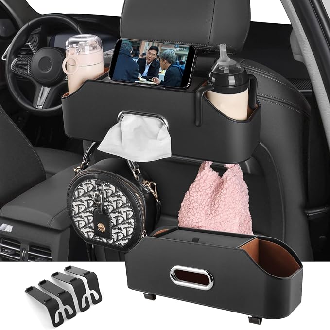 HOLDCY Car Back Seat Organizer with 2 Cup Holders, Tissue Storage, Black | Rigid ABS Frame With Pu Leather, Dual Hooks And Tool-Free Mounting For Cars, Suvs And Trucks With Separate Headrest Posts by HOLDCY