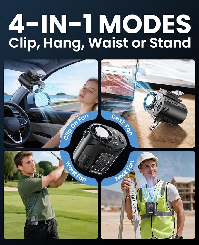 Portable Waist Fan with Ice Cooling, 4-in-1 Clip-On Fan for Car/Shirt/Hat/Belt, 16000RPM Strong Airflow, 12H Runtime, 100 Speed Settings, Wearable Fan for Outdoor Work, Camping, Travel Black - Image 4