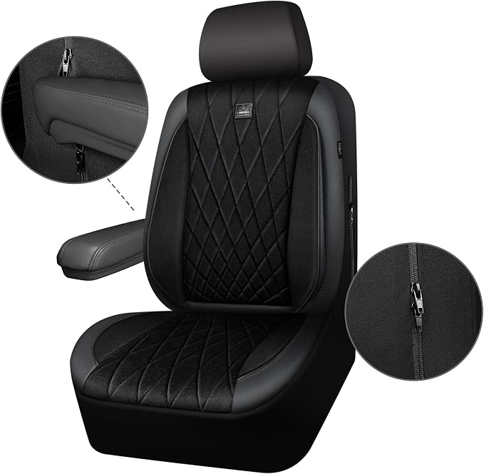 CAR PASS Luxury Faux Leather Car Seat Covers Front Seats, Breathable Soft Velvet Premium Automotive Seat Covers 2 Pack, Armrest Airbag Compatible Universal Fit for Most Sedan SUV Van Truck, Black - Image 7