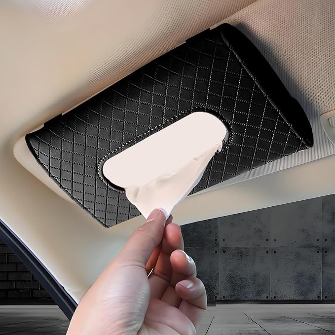 Car Tissue Holder, PU Leather Sun Visor Tissue Box (Plaid-Black) | Wear-Resistant & Waterproof, Napkin & Mask Dispenser, Metal Memory Clips, Easy Refill, Fits Most Vehicles by Hbxdeco
