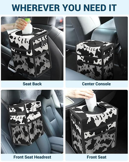 Capolo Car Trash Can with Lid, Leakproof Car Garbage Can Car Trash Bag | Waterproof, Trash Can for Car, 3 Mesh Pockets, Mini Hanging Vehicle Car Trash Bin, for Back/Front Seat (Cow Print,2.5 Gal) - Image 6
