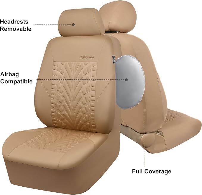 CAR PASS Car Seat Covers Two Front Only for Car, 3D Tyre Print Automotive Interior Covers, Airbag Compatible, Quick Setup Universal Fit Seat Covers for Car, Truck, SUV(All Beige) - Image 5