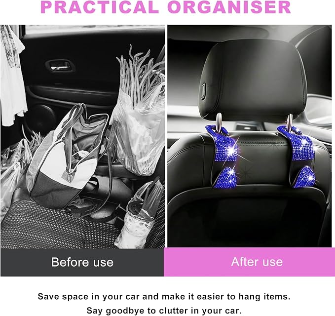 4 PCS Bling Car Seat Headrest Hooks, Rhinestone Vehicle Backseat Storage Hanger Backpack Hook, Sparkly Multi-Functional Headrest Purse Holder for Car Truck SUV RV (Blue) - Image 3