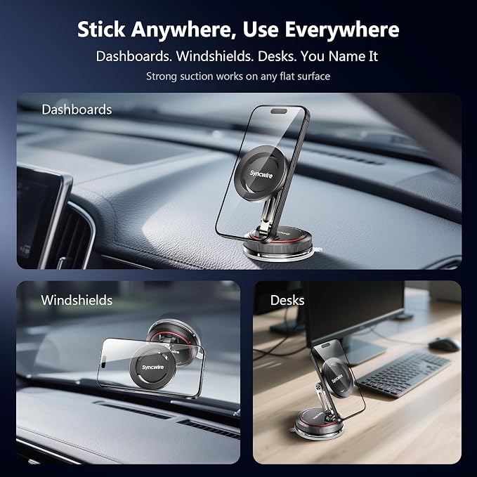 SYNCWIRE for MagSafe Car Mount [2-Axis Design] Nano Adhesive Gel + Suction Cup Magnetic Phone Holder for Dashboard & Windshield, 360° Adjustable for iPhone 17 16 15 14 13 12 11, Samsung, Matte Black - Image 9