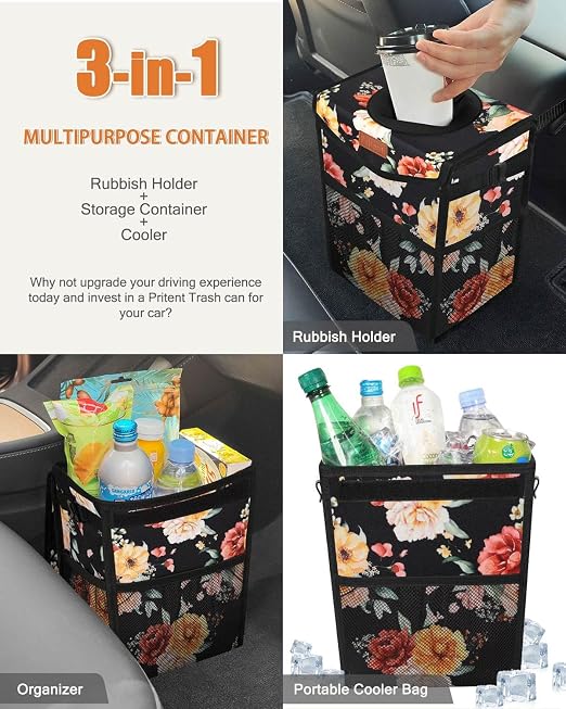 Pritent Car Trash Can with Lid Leakproof Car Garbage Bag Vehicle Trash Bin | Hanging Automotive Garbage Can,Multipurpose Car Accessories for Women Men Interior Car Storage Organizer(2.8 Gal,Rose) - Image 5