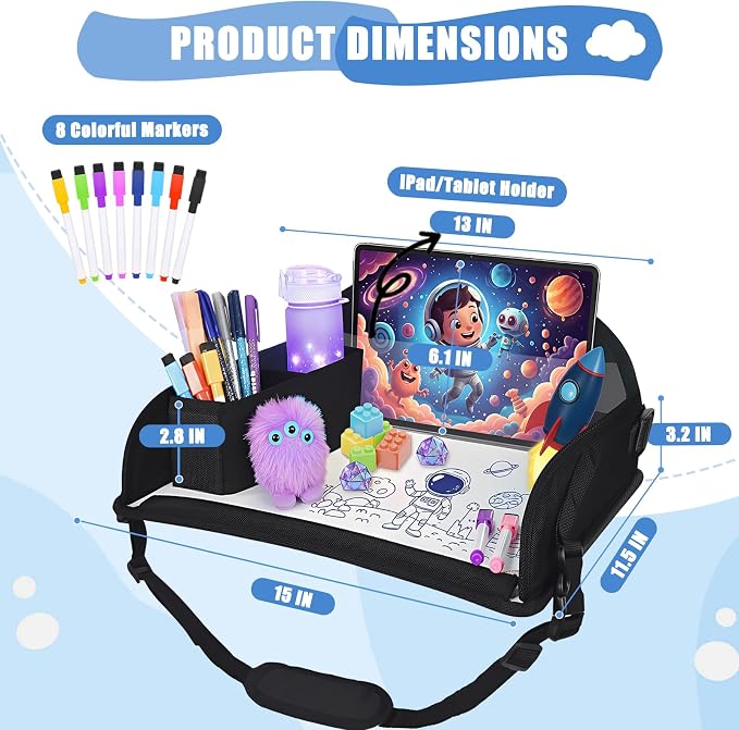 Upgraded Kids Travel Tray for Airplane - Toddler Car Seat Table Tray, Road Trip Essentials for Boys & Girls, Carseat Lap Desk for Kids Road Trip Activities, Black - 2 PCS - Image 6