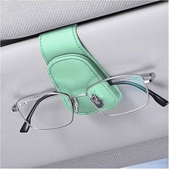 zipelo Magnetic Leather Sun Visor Sunglasses Holder Clip, Light Green | one-hand access, soft contact surfaces, stores glasses and cards, lightweight compact form, car interior accessories by zipelo