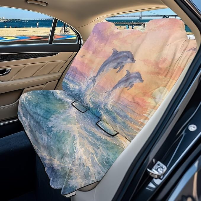 Dolphin Sea Wave Sunset Print Waterproof Rear Split Bench Seat Covers for Rear Seat Cover Only, Sports Car Seat Covers, Spill Resistant Back Seat Cover for Gym Running Swimming by LACIYISON