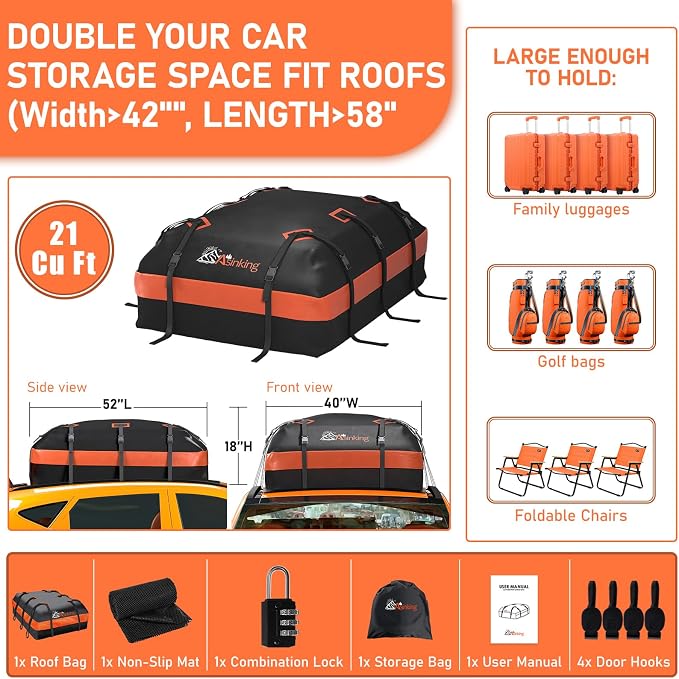 Car Rooftop Cargo Carrier Bag 21 Cubic feet Waterproof Car Roof Top Bag for All Cars with/Without Rack, Includes Anti-Slip Mat, 10 Reinforced Straps, 6 Door Hooks, Luggage Lock - Image 5