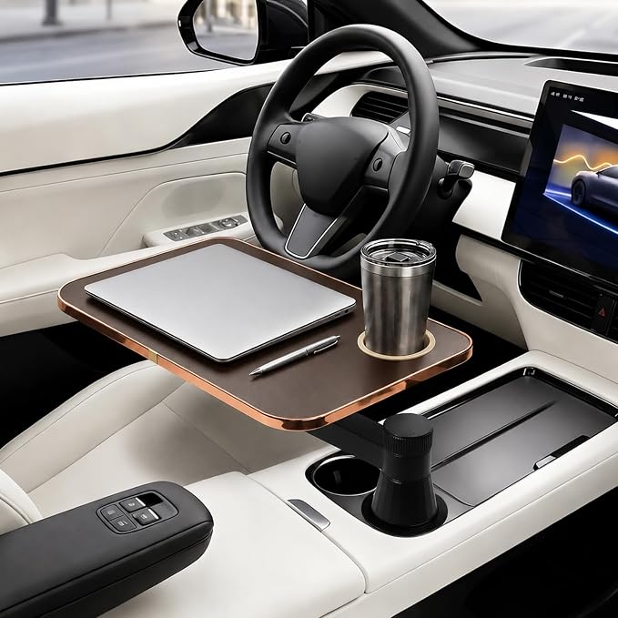 360° Rotating Car Desk Tray for Laptop & Food, Fits Tesla Model Y/3/S | 360° Rotating Car Desk, Premium Leather, Cup Slot, Adjustable for Laptop & Food, Fits Tesla Model Y/3/S & Most Cars by MOOMARTO