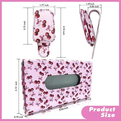 2 Pcs Sunglass Holder and 1Pcs Car Tissue Holder for Car,Magnetic Leather Sunglasses Holder Car Sun Visor Glasses Hanger Clip,Car Interior Accessories for Women(Pink Cherry) - Image 2