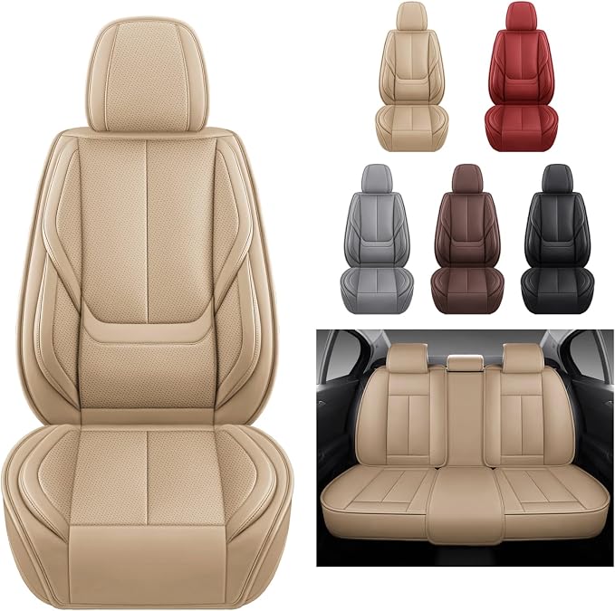 MINGBRON Car Seat Covers Full Set,Black Beige Car Seat Cover, Car Seat Protector Waterproof, Nappa Leather Car Seat Cushion, Fit for Most Cars - Image 4