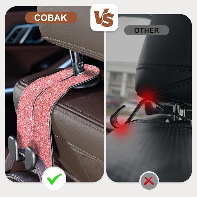 CoBak Purse Hook for Car - Universal Premium Stitched Leather and Aluminum-Magnesium Alloy Double Car Seat Back Storage Hook for Purses, Handbags, Bags (2 Pack),Fuchsia Glitter - Image 3