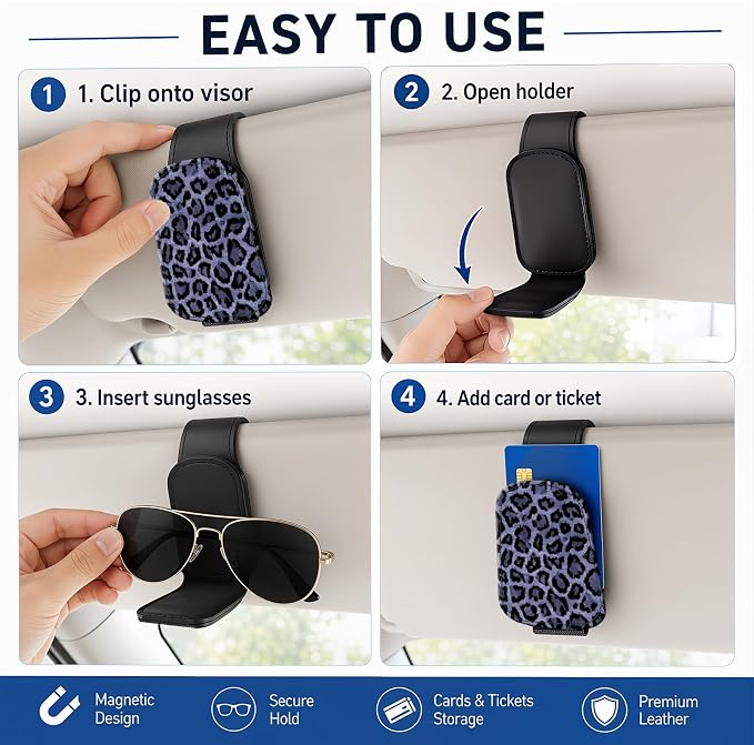 Leather Magnetic Sunglass Holder for Car Sun Visor, Cute Eyeglass Ticket Card Hanger Clip, Universal Auto Interior Accessories for SUV Pickup Truck, Cool Leopard - Image 5