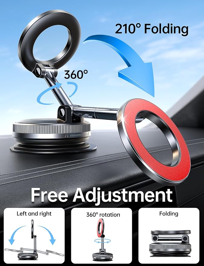 Coolpow【Newest Vacuum Magnetic Phone Holder for Car Phone Holder Mount【Movable Vacuum Suction】 Magsafe Car Mount Cell Phone Holders for Your Car Accessories for Women Men for iPhone 17 16-red | 【26 x N58 Magnets】360° Rotation, Magnetic Car Phone Holder... - Image 6