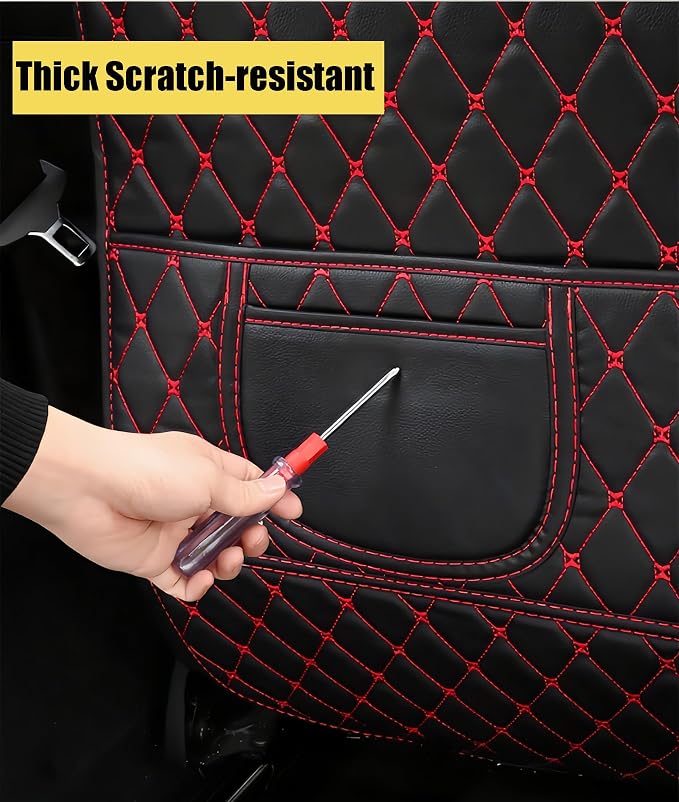 Leatherette Car Seat Protector - 2 Pack Large Car Kick Mats with Storage Organizer Seat Back Cover Against Dirty Shoes & Scratches, Universal Fit for Most Vehicles (Black with Red Line) - Image 3