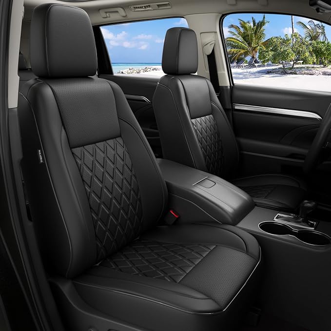 Custom Seat Covers for Toyota Highlander 2014-2019 8 Seats Black | faux leather, 2nd row 40/60 split bench, waterproof, breathable, airbag compatible, stain resistant, easy install by FEINEPRO