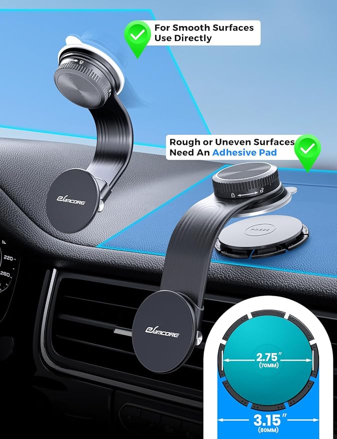 Magsafe Car Mount, Bendable Alloy Arm Magnetic Phone Holders for Your Car | 8” long, Dashboard, Windshield, Vacuum Suction Cup, 22 N55 Magnets, 2.75” Mount Pad, Fits iPhone 17 16 15 14 13 12 Pro Max - Image 3