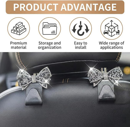 2 PCS Bling Car Seat Headrest Hooks, S-Type Crystal Rhinestone Bow, Universal Seat Back Storage for Purses Bags Groceries, Black Decorative Vehicle Organizer - Image 3