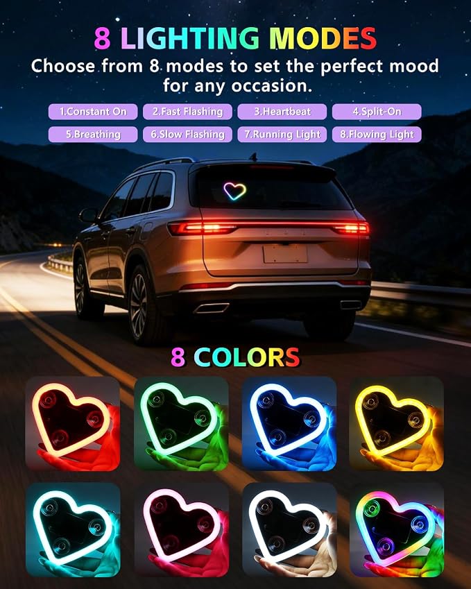 1PCS Car LED Ambient Lights, Car Triangle Window Solar-Powered Heart Shaped Atmosphere Light with 8 Switchable Lighting Modes, Rechargeable Romantic Neon Heart Light for Interior Car(Colorful) - Image 3