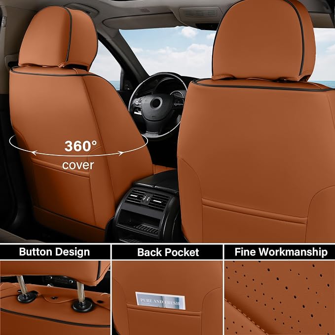 Coverado Front Seat Covers, Car Seat Covers Front Seats, Nappa Leather Seat Covers for Cars, Waterproof Seat Covers with Lumbar Support Universal Fit for Most Cars SUV Trucks (Front, Brown-Black) - Image 2