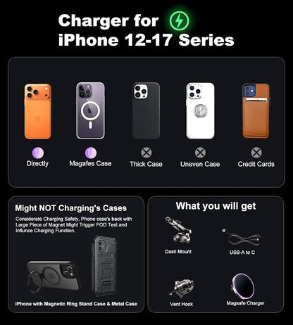 BHHB for Magsafe Car Mount Charger, [2026 Upgrade] 15W 2in1 Magnetic Wireless Car Charger, for Magsafe Car Charger, Vent/Dashboard Phone Holder, ONLY for iPhone 17 16 15 14 13 12 Series(Purple) - Image 2