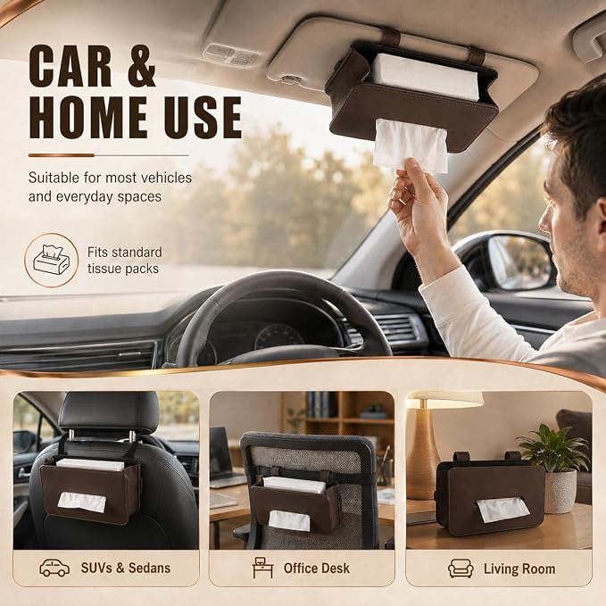 Car Tissue Holder, Leather Rectangular Car Backseat Napkin Storage Box, Multifunctional Vehicle Interior Tissues Organizer Accessories for Keep Auto Tidy (Brown) - Image 6