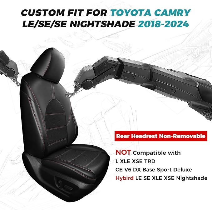Custom Seat Covers for Toyota Camry 2018-2024, BlackRed | Only Fit for Camry LE/SE/SE Nightshade 2018-2024, Not for Hybrid, Full Coverage, Faux Leather, Scratch-resistant, Easy-clean - Image 2