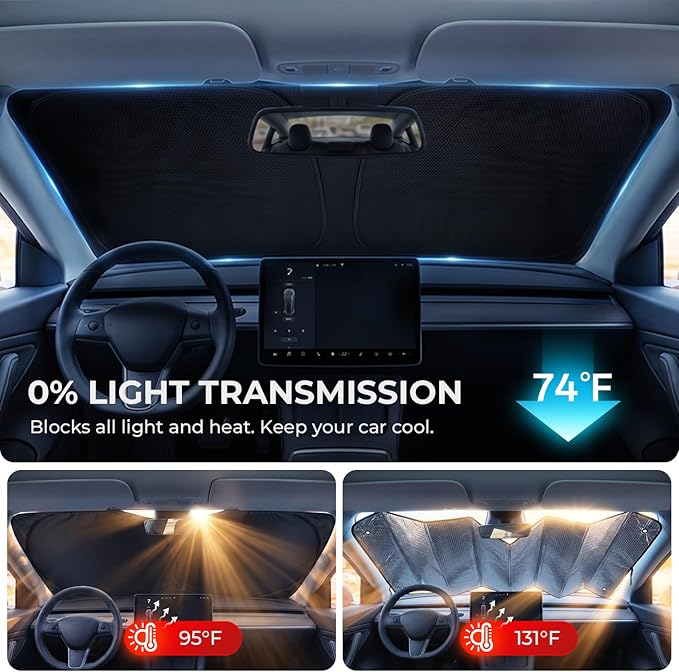[2026 Upgraded] DooGooCoo Windshield Sun Shade for Tesla Model Y & Model 3 2017-2026 [Cooling Ice-Crystal, 100% Sun Block] Sunshade for Car Windshield for Tesla Model 3 Sunshade Model Y Sunshade. - Image 5