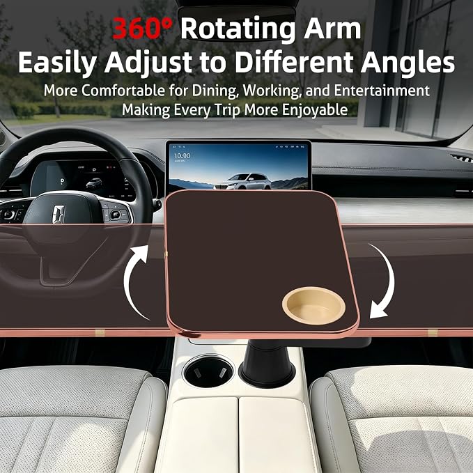 360° Rotating Car Desk Tray for Laptop & Food, Fits Tesla Model Y/3/S | 360° Rotating Car Desk, Premium Leather, Cup Slot, Adjustable for Laptop & Food, Fits Tesla Model Y/3/S & Most Cars - Image 2