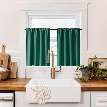 RYB HOME 100% Blackout Basement Curtains 24 inches Long, Heat & UV Blocking | Total Room Darkening, Noise Reducing, Curtains for Bathroom RV Campers, W34 x L24, Dark Green, 2 Panels by RYBHOME