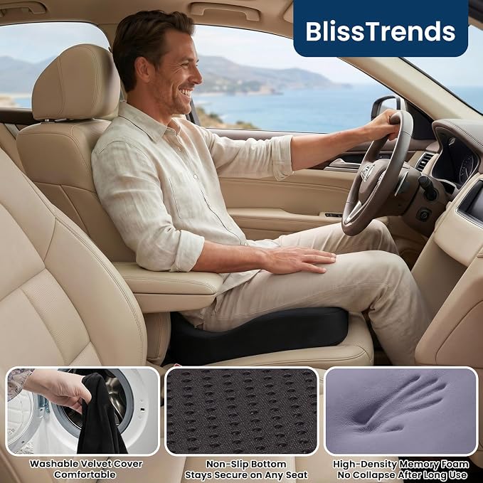 BlissTrends Memory Foam Seat Cushion for Office Chair & Car Seat, Black | Ergonomic Tailbone & Sciatica Support with Removable Velvet Cover for Pressure Relief and Long Sitting Comfort, 3.3" Thick - Image 7