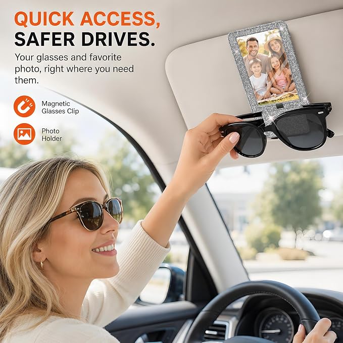 2-in-1 Car Visor Sunglasses & Photo Holder, Magnetic PU Leather Glasses Clip with Picture Display Slot, Universal Sun Visor Organizer for Eyeglasses, Personalized Cards & Memories, Silver Glitter - Image 2