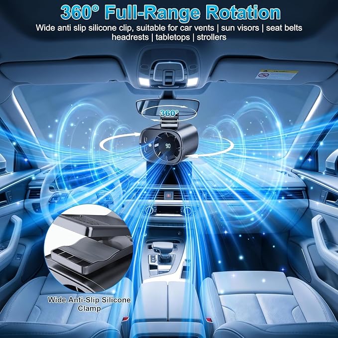 Clip On Air Conditioner for Car, 2026 Portable Car Air Conditioner 360° Rotation 199 Speeds Silent Mini Bladeless Fan with Led Lights Clip On Fan for Cars Work Camping (Black) - Image 2