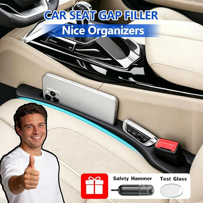 Car Seat Gap Filler Organizer 2Pack,Car Accessories Plug,Black | 2 in1 Drop Stop Seat Side Guard with Safety Hammer & Storage Slot,Interior Blocker Strip Universal Fit for Car SUV Truck - Image 2