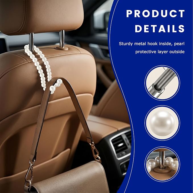 2PCS Elegant Pearl Car Seat Headrest Hook, Exquisite Auto Seat Back Hanger Storage Hook for Handbag Purse, Cute Pearl Headrest Storage Organizer Interior Decor for Women Girls - Image 3