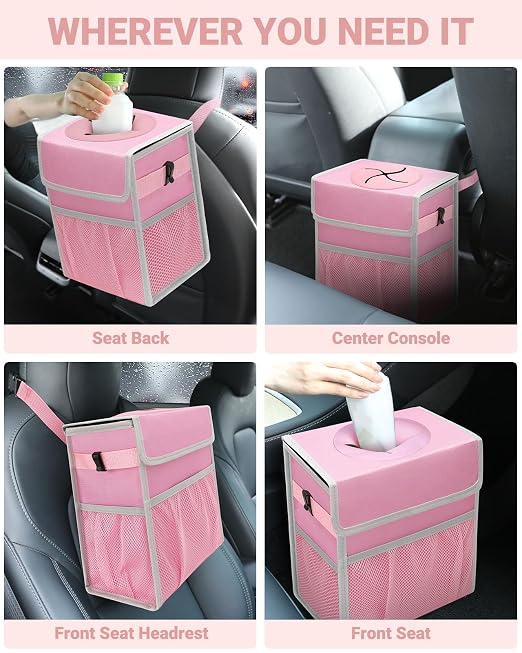 Capolo Car Trash Can with Lid, Leakproof Car Garbage Can Car Trash Bag | Waterproof, Trash Can for Car, 3 Mesh Pockets, Mini Hanging Vehicle Car Trash Bin, for Back/Front Seat (Pink,2.5 Gal) - Image 6