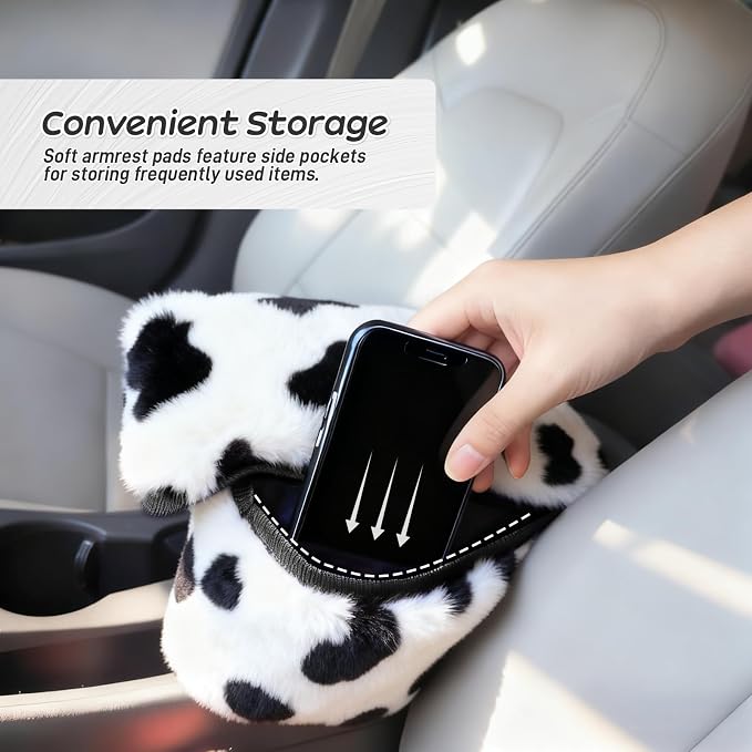 Fluffy Car Armrest Cover with Side Pockets – Plush Fuzzy Fur Center Console Armrest Cushion Pad, Universal Winter Car Interior Protector, Soft Arm Rest Cover with Storage for Women & Men (COWS) - Image 4