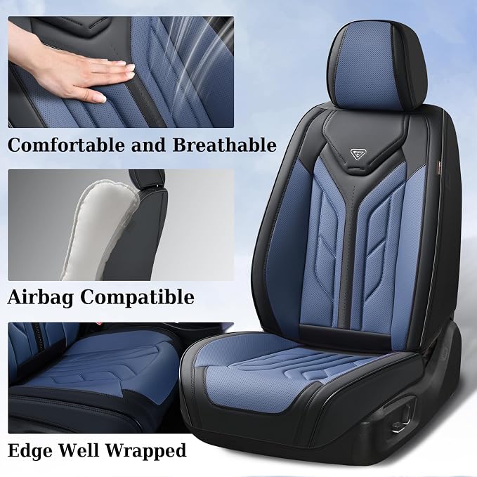 Coverado Car Seat Covers Full Set, Automotive Seat Covers Car Seat Protector Car Seat Cushion, Waterproof Leather Seat Covers for Cars, Universal Fit for Most Sedans SUV Pick-up Truck(Black&Blue) - Image 3