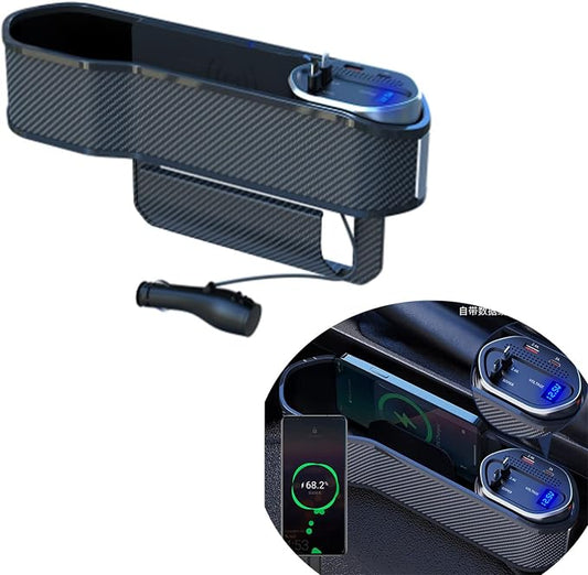 Car Seat Gap Filler Organizer with Wireless Charger,Cigarette Lighter | ASVEGE 5 In 1 Quick Charge Storage Box with 2 USB Ports & 2 60W Retractable Charging Cable,Cup Holder for Sedans Suv Truck by ASVEGE