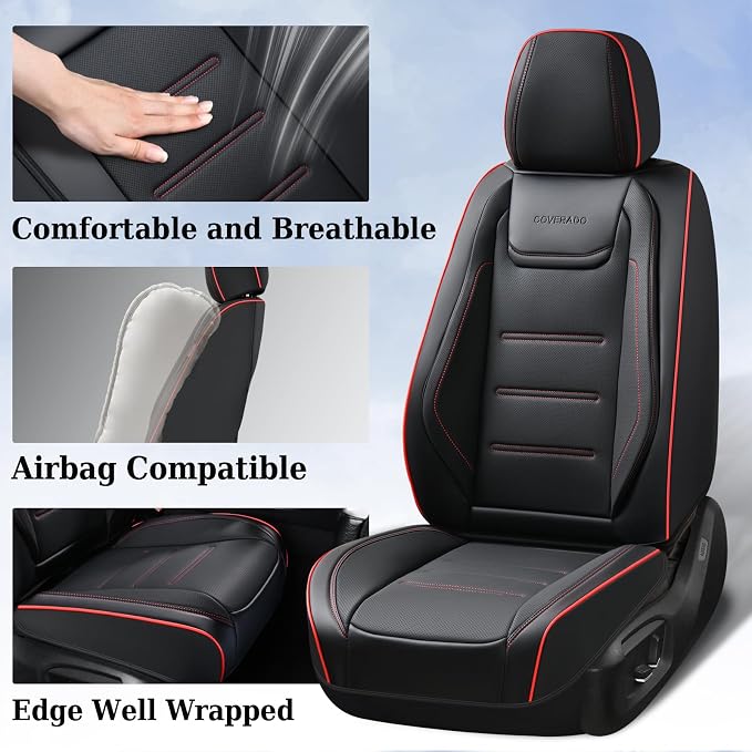 Coverado Car Seat Covers Full Set, Seat Covers for Cars, Car Seat Protector Waterproof, Leather Cushion, Universal Car Interior Covers Seat Protectors for Most Cars Black-Redline - Image 2
