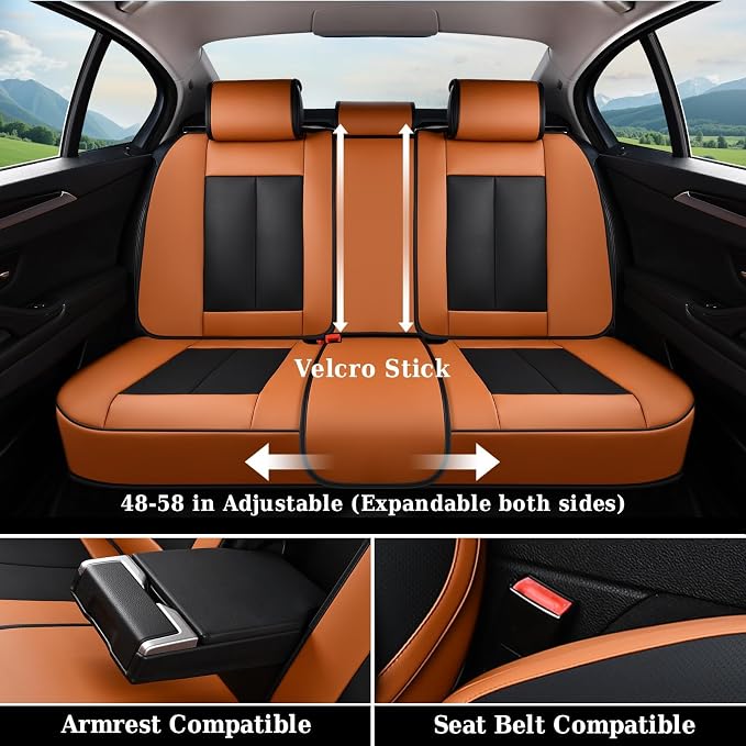 Coverado Universal Seat Covers Full Set, 5 Seats Universal Seat Covers for Cars, Waterproof Nappa Leather Car Seat Covers with Head Pillow, Auto Protectors Fit for Most SUV Pick-up Truck-Black&Brown - Image 8