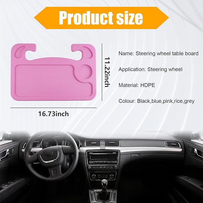 Dickno Car Steering Wheel Desk, Multipurpose Auto Steering Wheel Tray with Drink Holder, Steering Wheel Food Tray for Eating, Universal Vehicle Travel Accessories for Constant Travelers (Pink) - Image 2